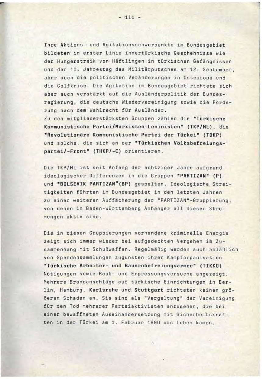 Seite 111 des Verfassungsschutzbericht 1990 Baden-Württemberg