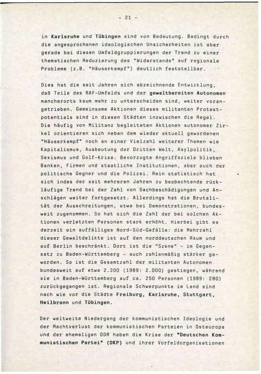 Seite 21 des Verfassungsschutzbericht 1990 Baden-Württemberg