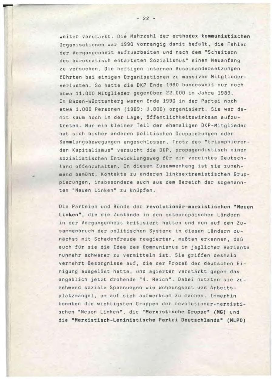 Seite 22 des Verfassungsschutzbericht 1990 Baden-Württemberg