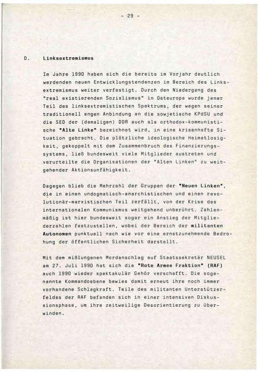 Seite 29 des Verfassungsschutzbericht 1990 Baden-Württemberg
