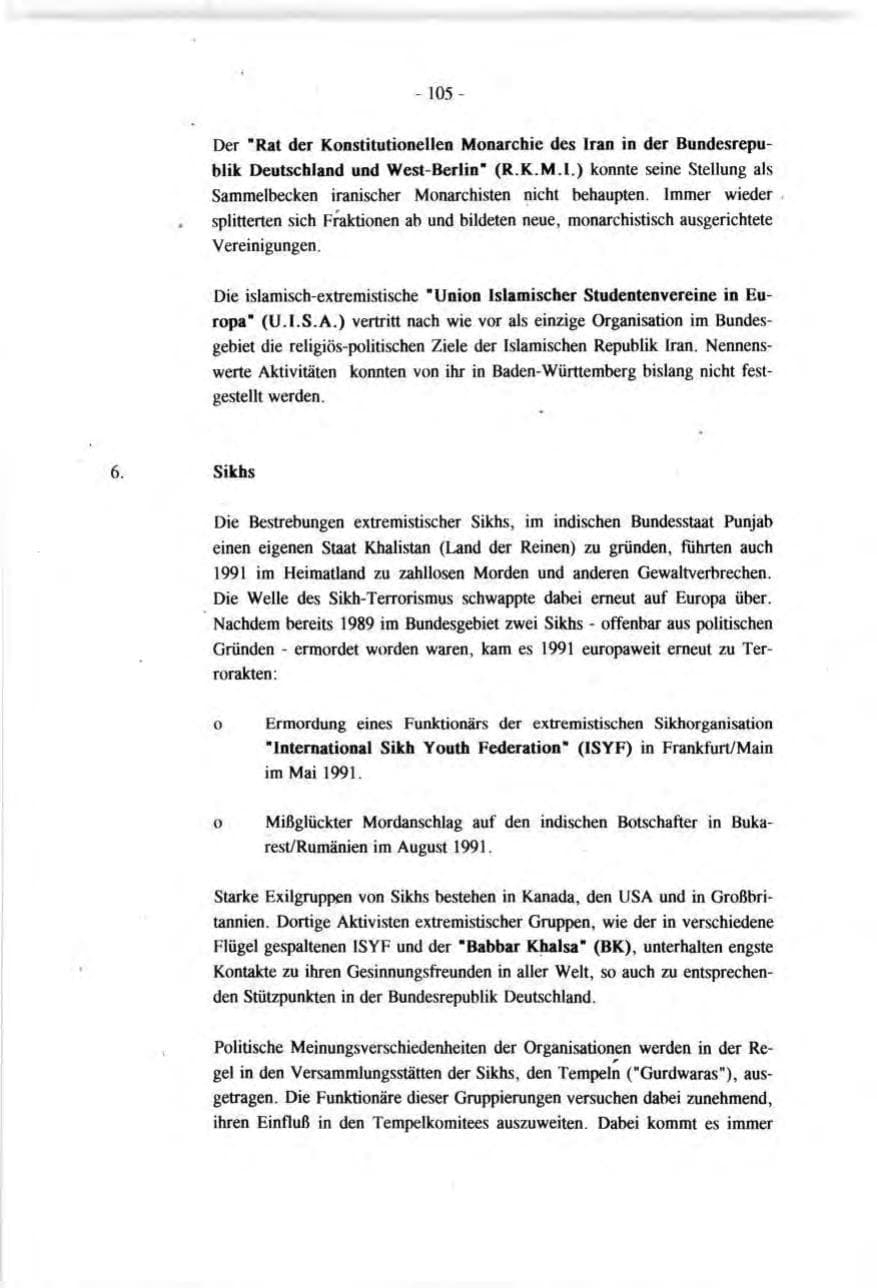 Seite 105 des Verfassungsschutzbericht 1991 Baden-Württemberg