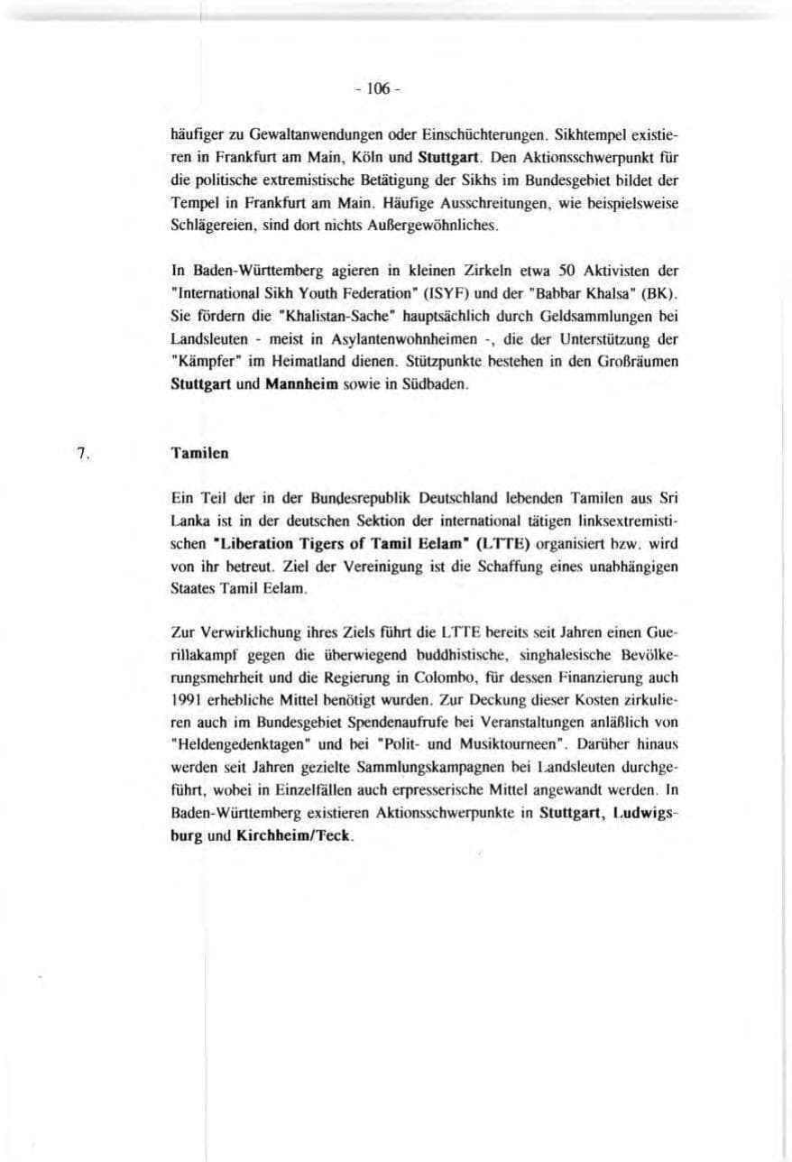 Seite 106 des Verfassungsschutzbericht 1991 Baden-Württemberg