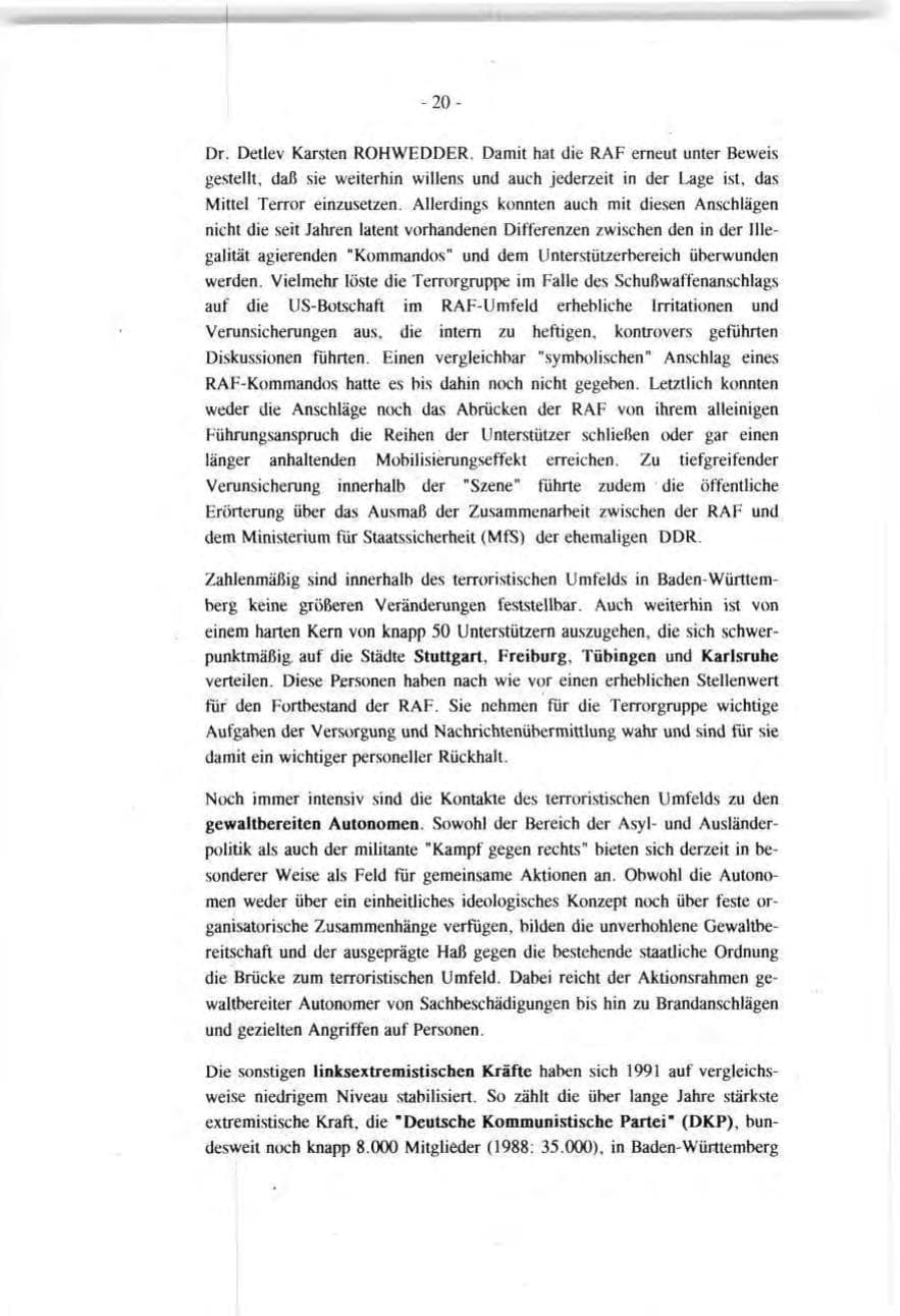 Seite 20 des Verfassungsschutzbericht 1991 Baden-Württemberg