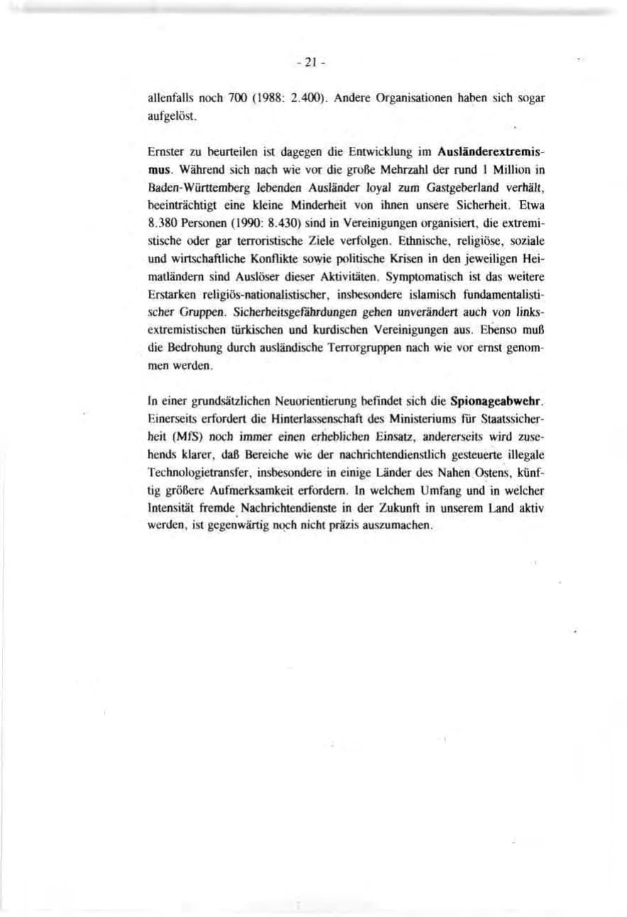 Seite 21 des Verfassungsschutzbericht 1991 Baden-Württemberg