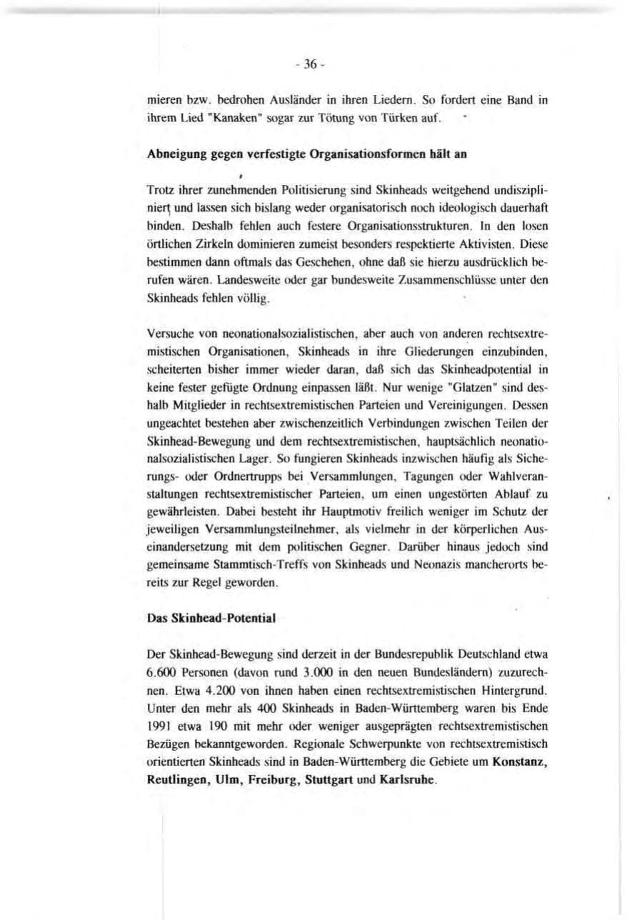 Seite 36 des Verfassungsschutzbericht 1991 Baden-Württemberg