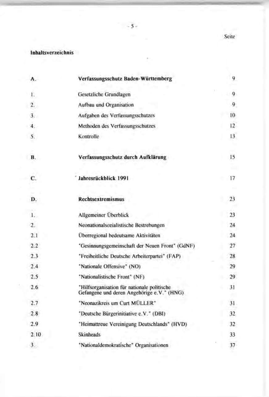Seite 5 des Verfassungsschutzbericht 1991 Baden-Württemberg