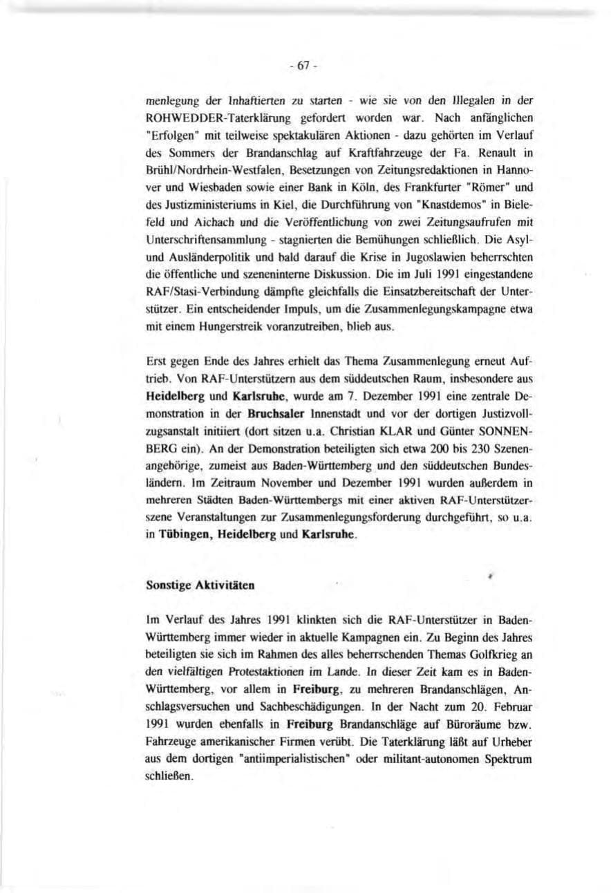 Seite 67 des Verfassungsschutzbericht 1991 Baden-Württemberg