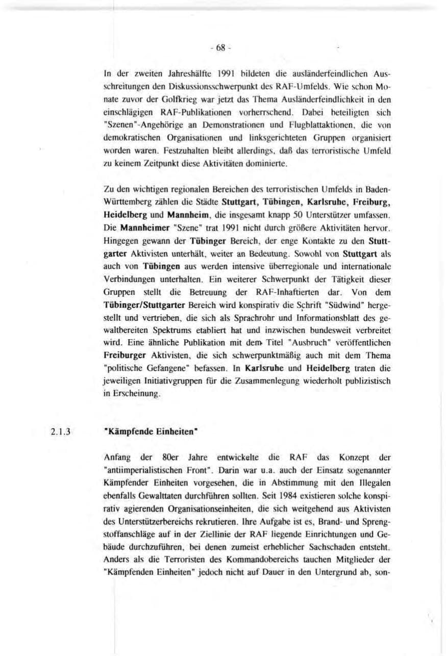 Seite 68 des Verfassungsschutzbericht 1991 Baden-Württemberg