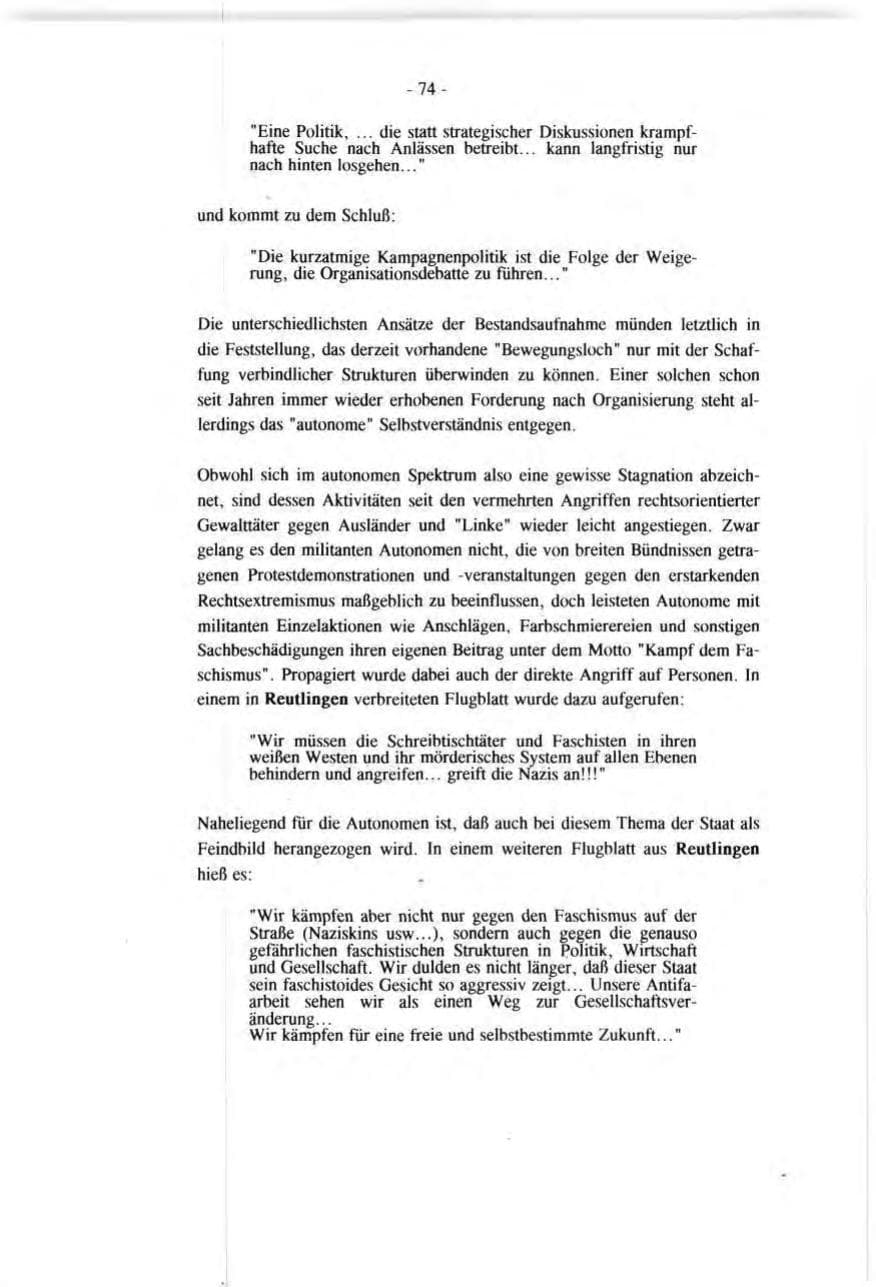 Seite 74 des Verfassungsschutzbericht 1991 Baden-Württemberg