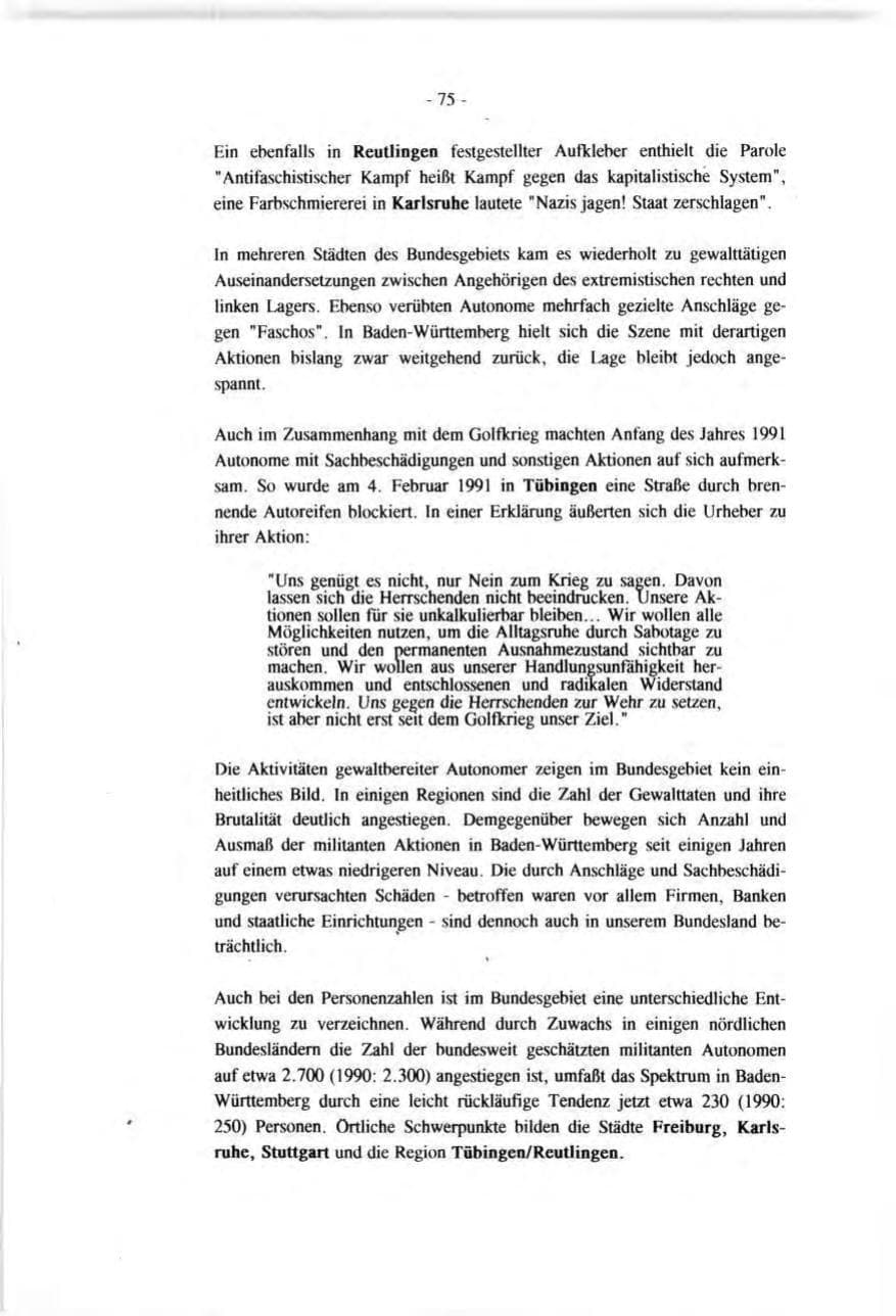 Seite 75 des Verfassungsschutzbericht 1991 Baden-Württemberg