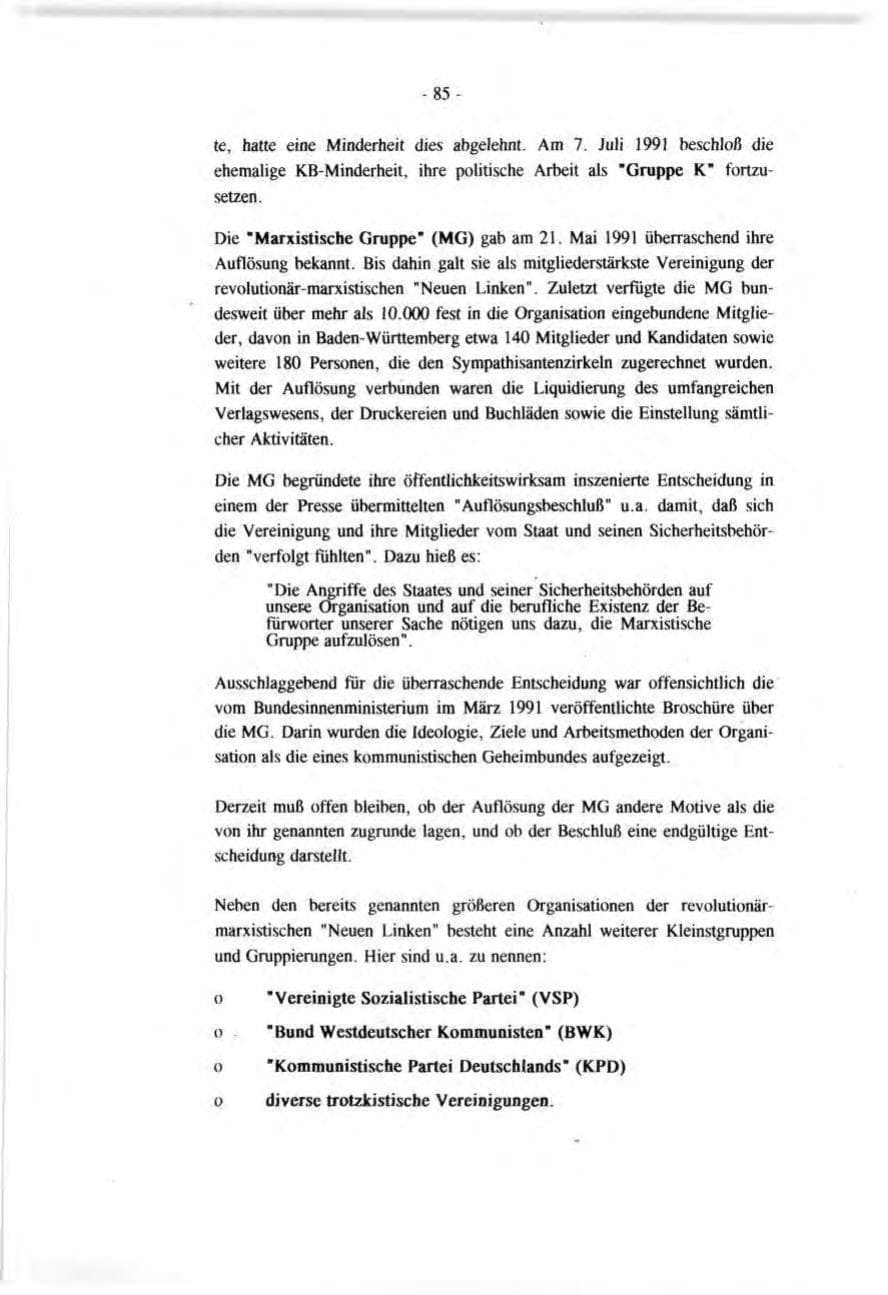 Seite 85 des Verfassungsschutzbericht 1991 Baden-Württemberg