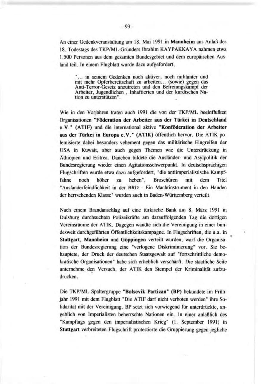 Seite 93 des Verfassungsschutzbericht 1991 Baden-Württemberg