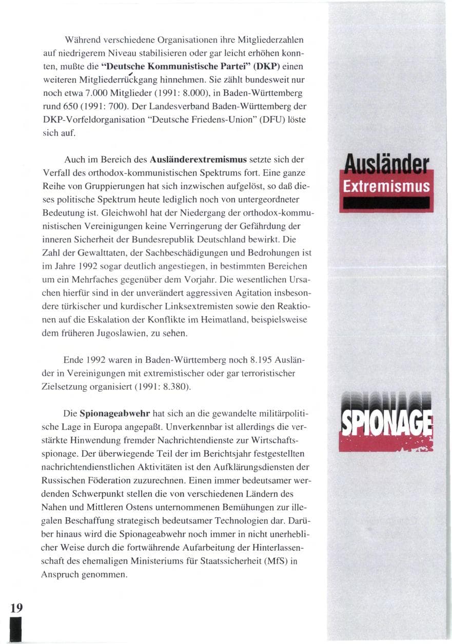 Seite 21 des Verfassungsschutzbericht 1992 Baden-Württemberg