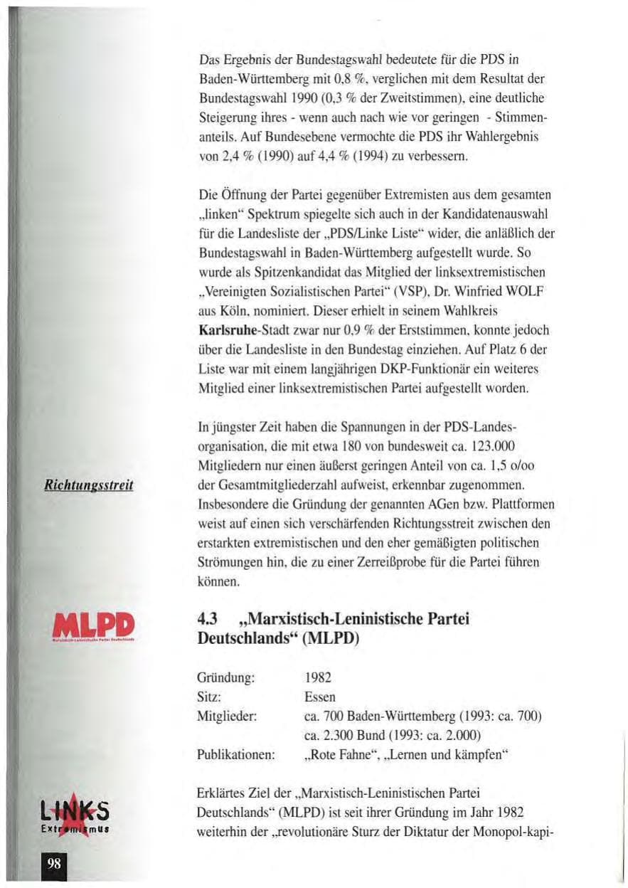 Seite 102 des Verfassungsschutzbericht 1994 Baden-Württemberg