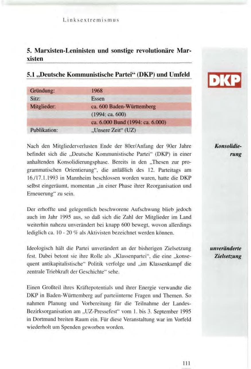 Seite 111 des Verfassungsschutzbericht 1995 Baden-Württemberg