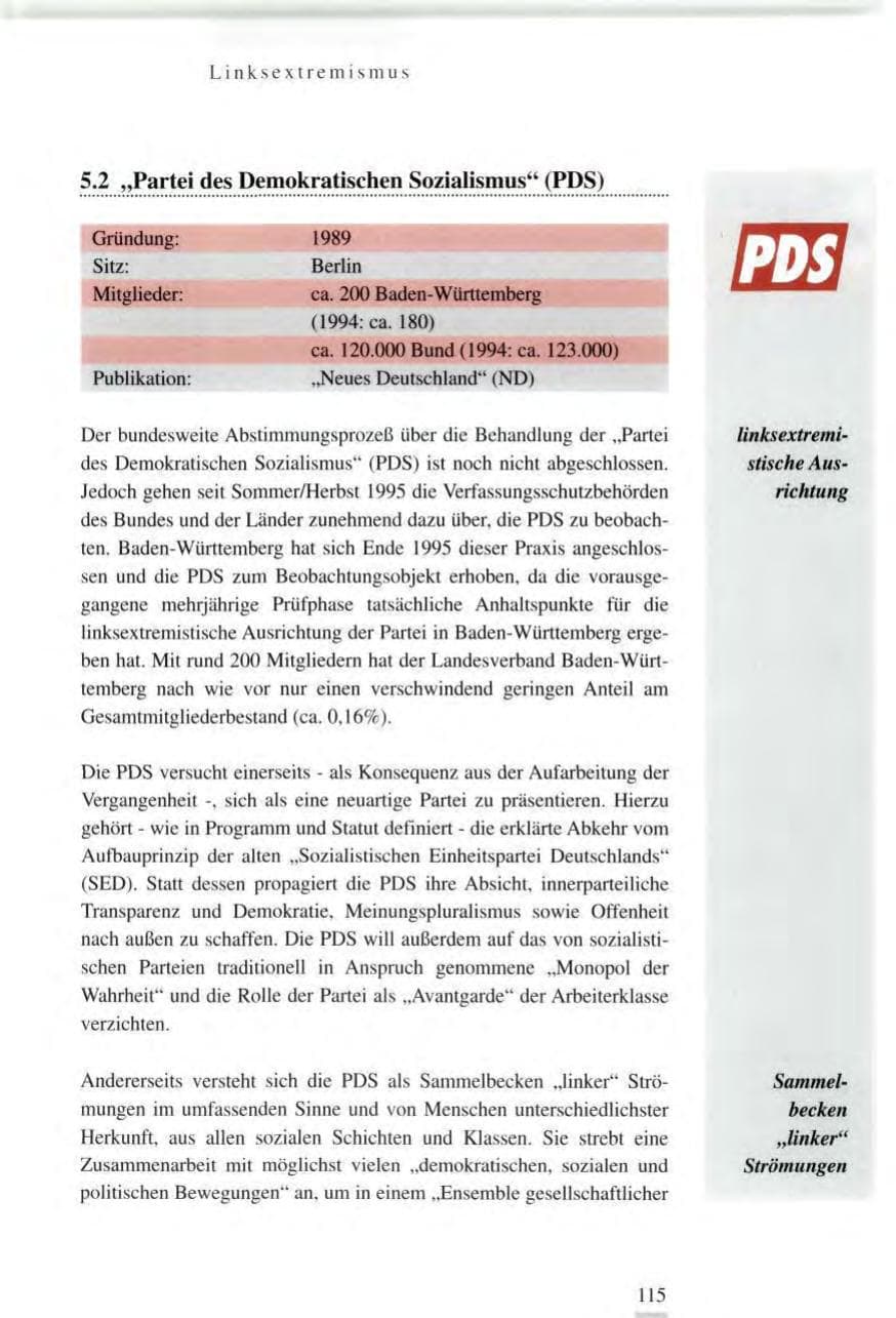Seite 115 des Verfassungsschutzbericht 1995 Baden-Württemberg