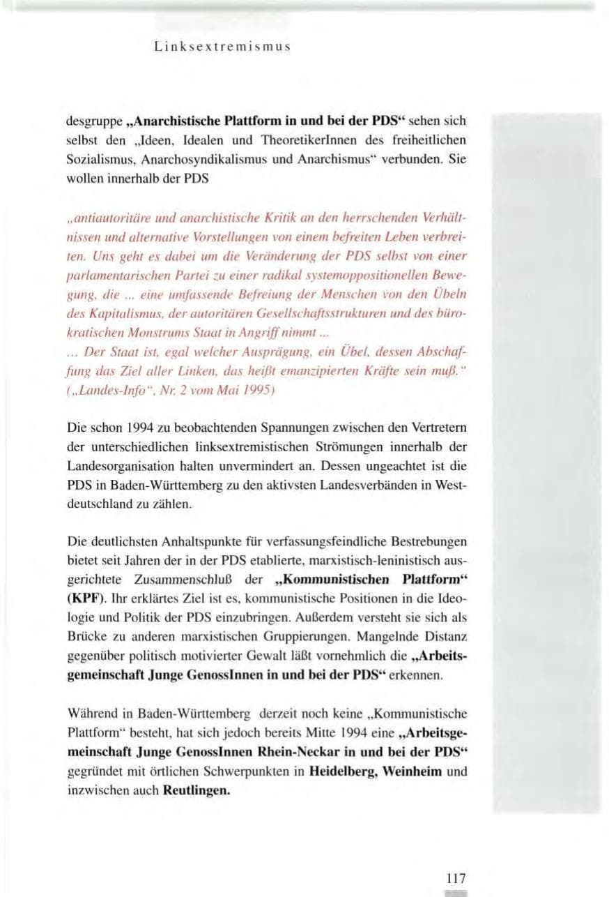 Seite 117 des Verfassungsschutzbericht 1995 Baden-Württemberg
