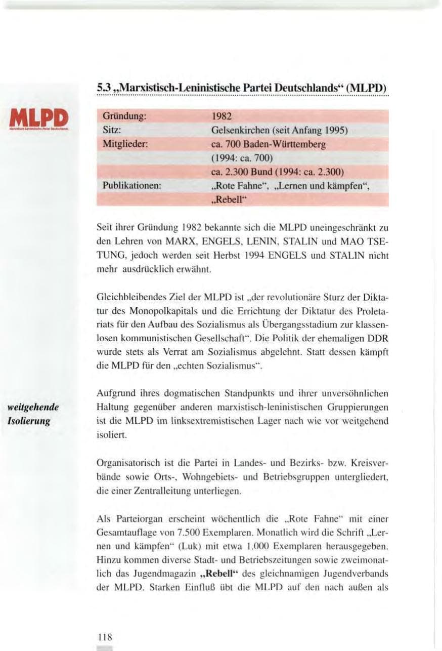 Seite 118 des Verfassungsschutzbericht 1995 Baden-Württemberg