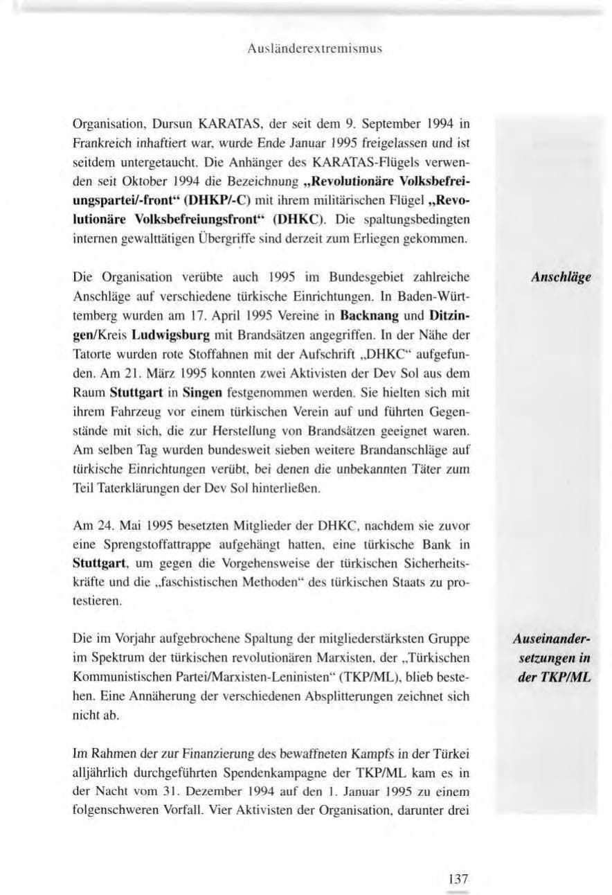 Seite 137 des Verfassungsschutzbericht 1995 Baden-Württemberg