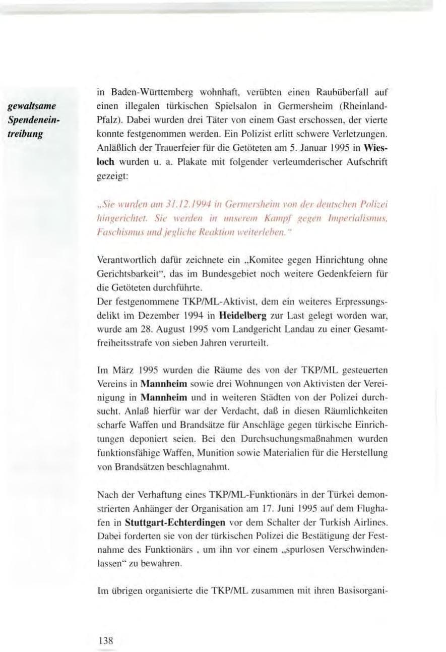 Seite 138 des Verfassungsschutzbericht 1995 Baden-Württemberg