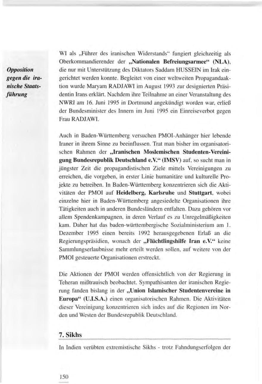 Seite 150 des Verfassungsschutzbericht 1995 Baden-Württemberg
