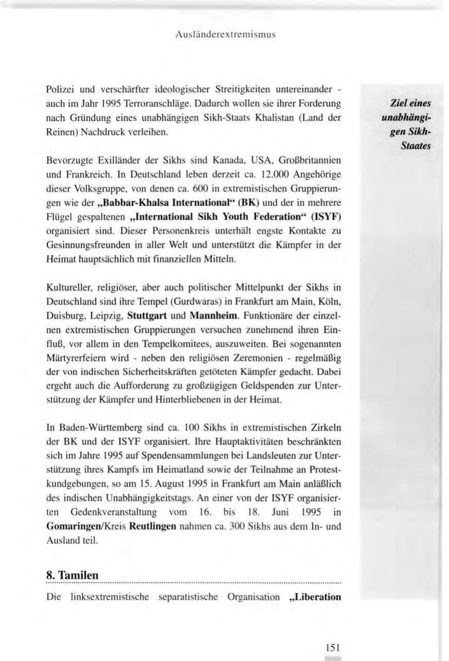 Seite 151 des Verfassungsschutzbericht 1995 Baden-Württemberg