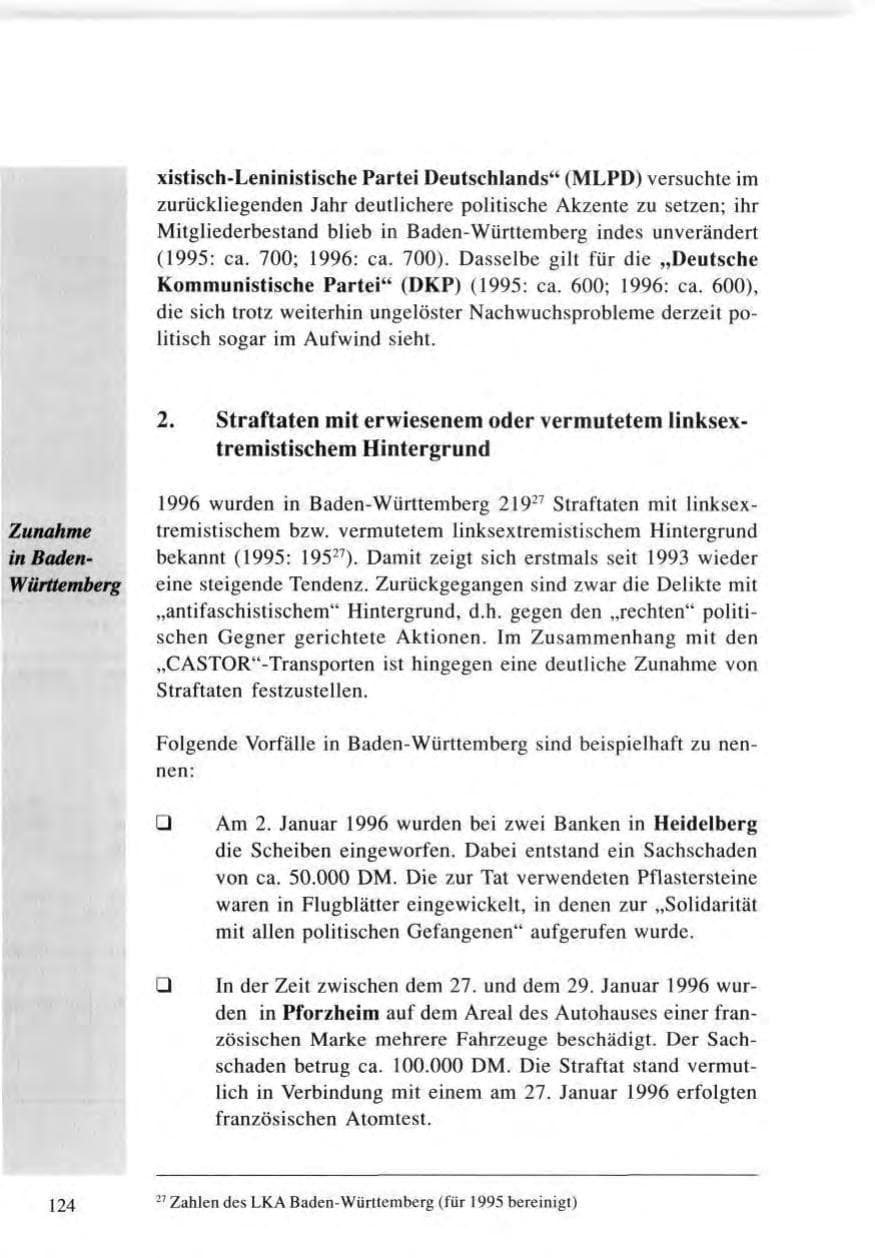 Seite 124 des Verfassungsschutzbericht 1996 Baden-Württemberg