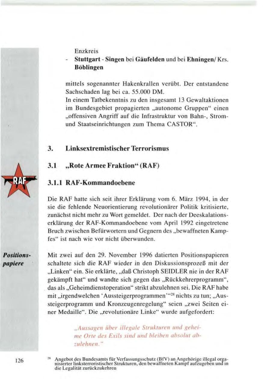 Seite 126 des Verfassungsschutzbericht 1996 Baden-Württemberg