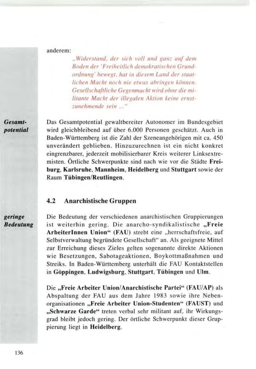 Seite 136 des Verfassungsschutzbericht 1996 Baden-Württemberg