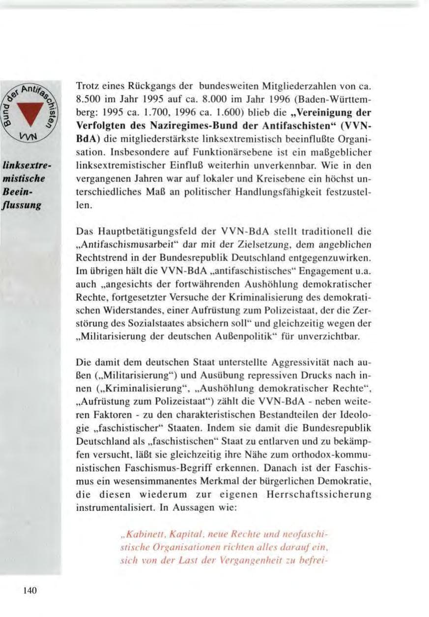 Seite 140 des Verfassungsschutzbericht 1996 Baden-Württemberg