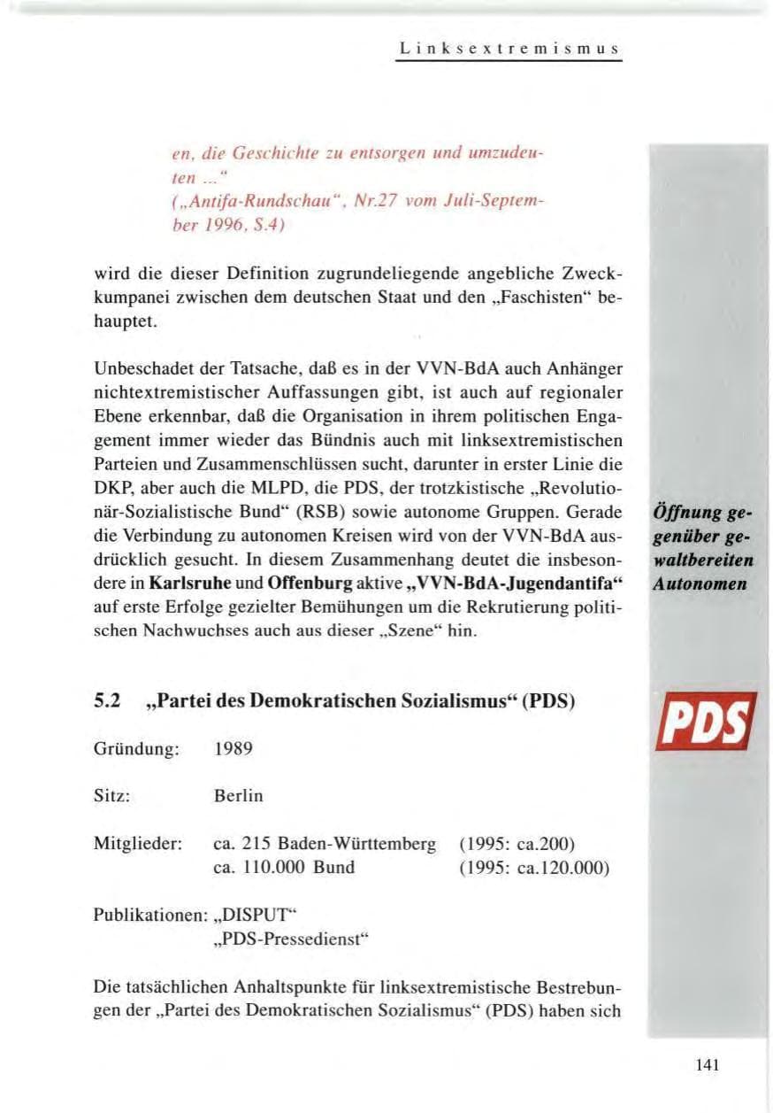 Seite 141 des Verfassungsschutzbericht 1996 Baden-Württemberg