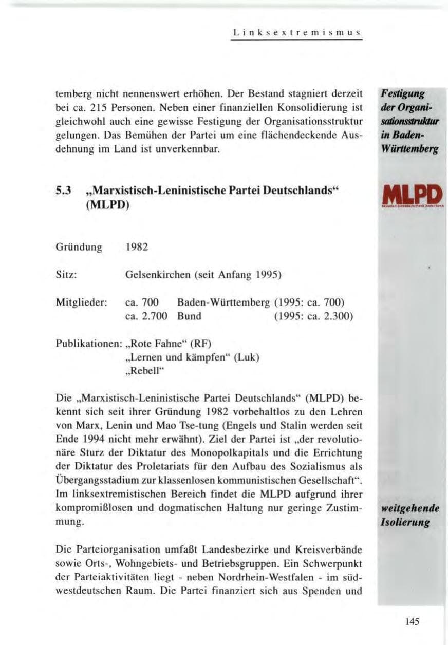 Seite 145 des Verfassungsschutzbericht 1996 Baden-Württemberg