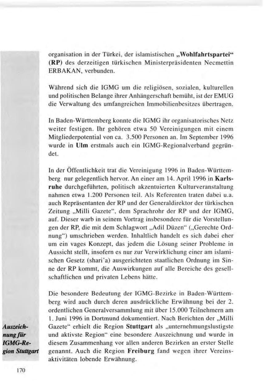 Seite 170 des Verfassungsschutzbericht 1996 Baden-Württemberg