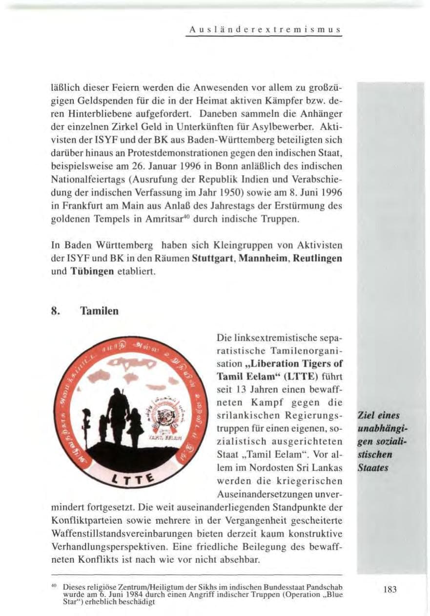 Seite 183 des Verfassungsschutzbericht 1996 Baden-Württemberg