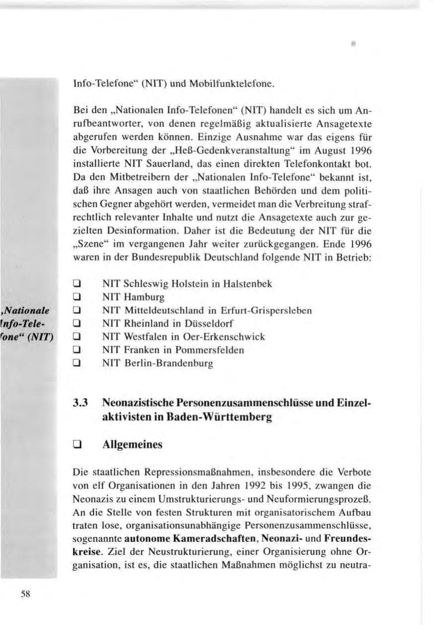 Seite 58 des Verfassungsschutzbericht 1996 Baden-Württemberg