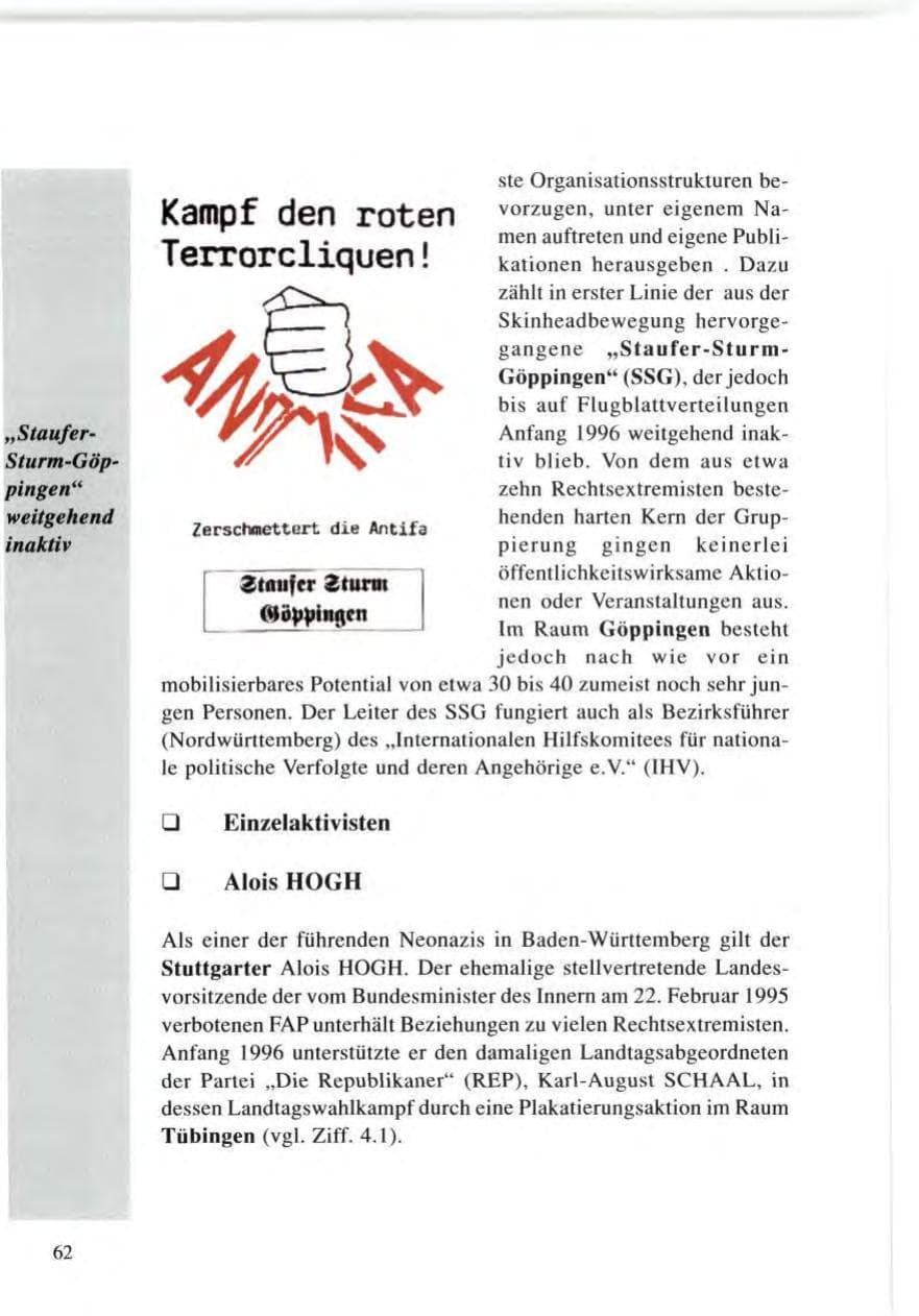 Seite 62 des Verfassungsschutzbericht 1996 Baden-Württemberg