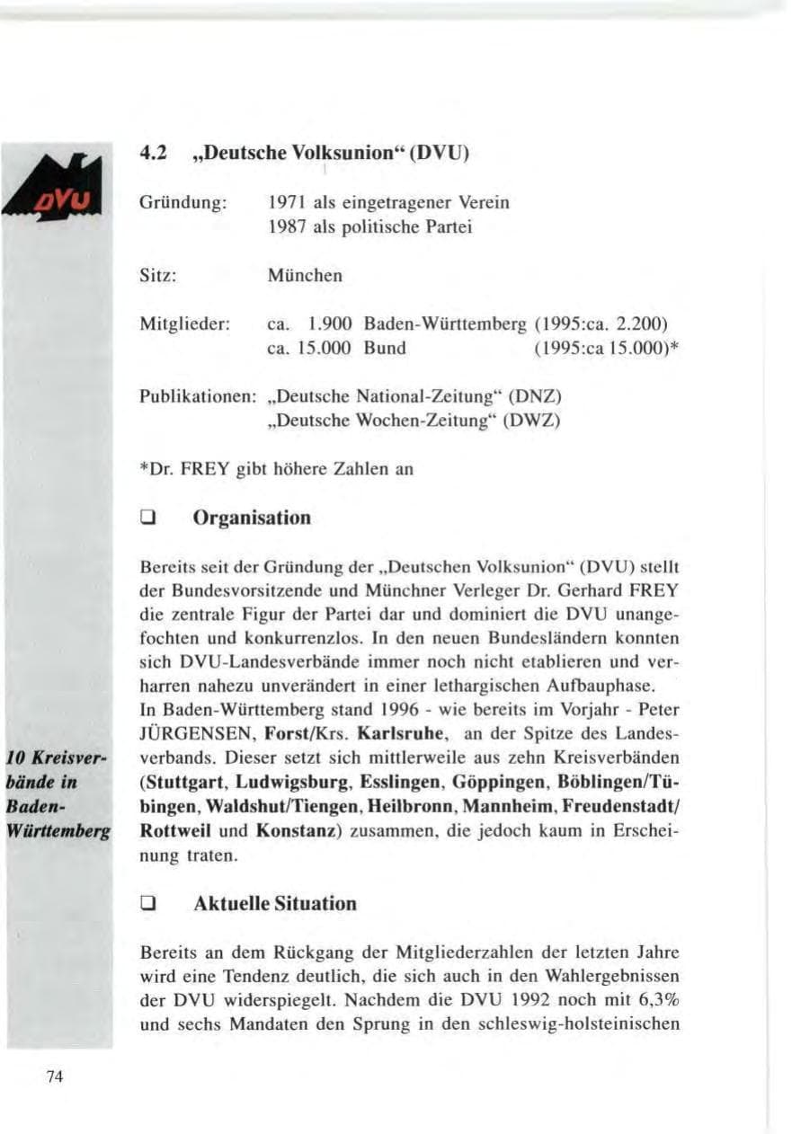 Seite 74 des Verfassungsschutzbericht 1996 Baden-Württemberg