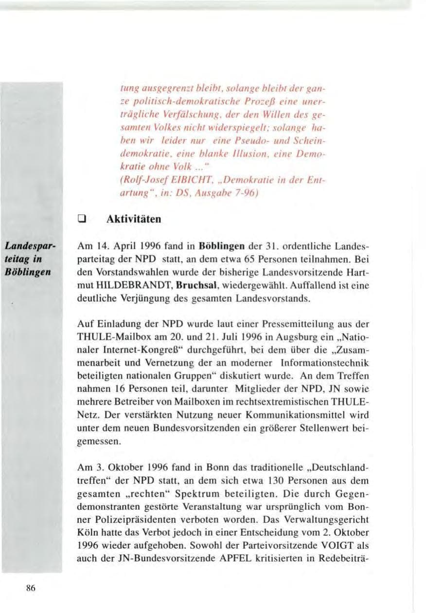 Seite 86 des Verfassungsschutzbericht 1996 Baden-Württemberg