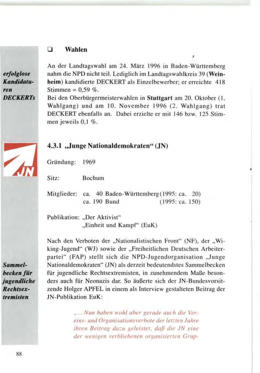 Seite 88 des Verfassungsschutzbericht 1996 Baden-Württemberg