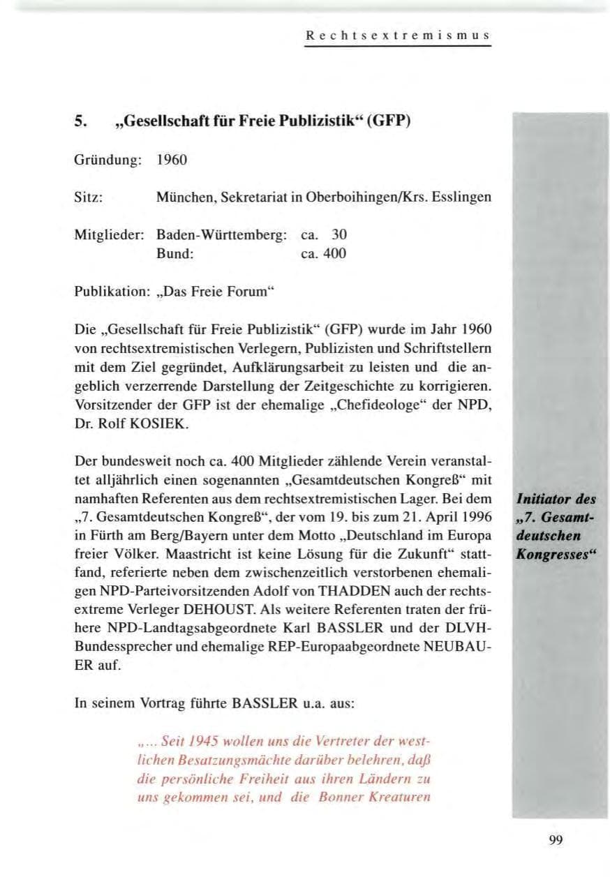 Seite 99 des Verfassungsschutzbericht 1996 Baden-Württemberg