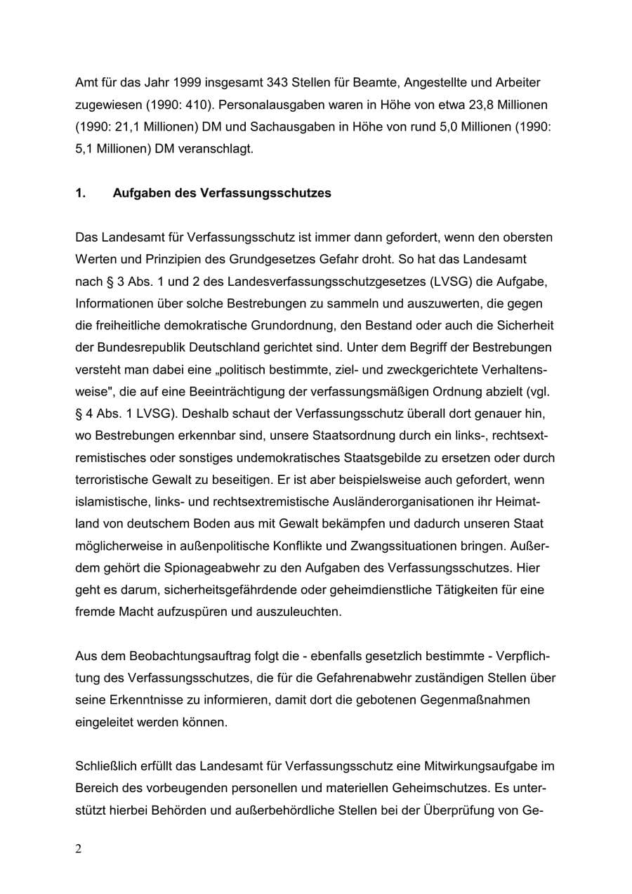 Seite 2 des Verfassungsschutzbericht 1999 Baden-Württemberg