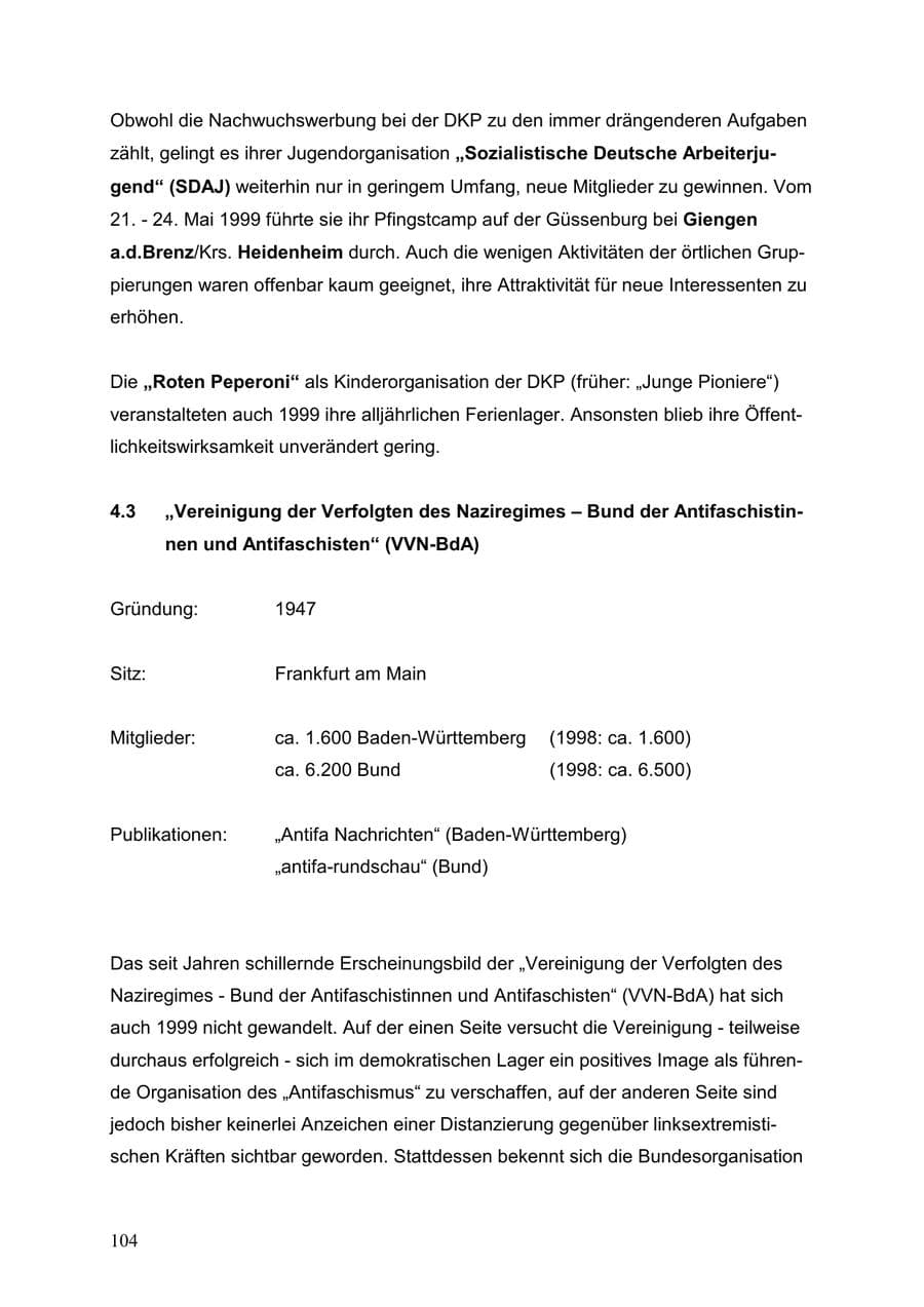 Seite 104 des Verfassungsschutzbericht 1999 Baden-Württemberg