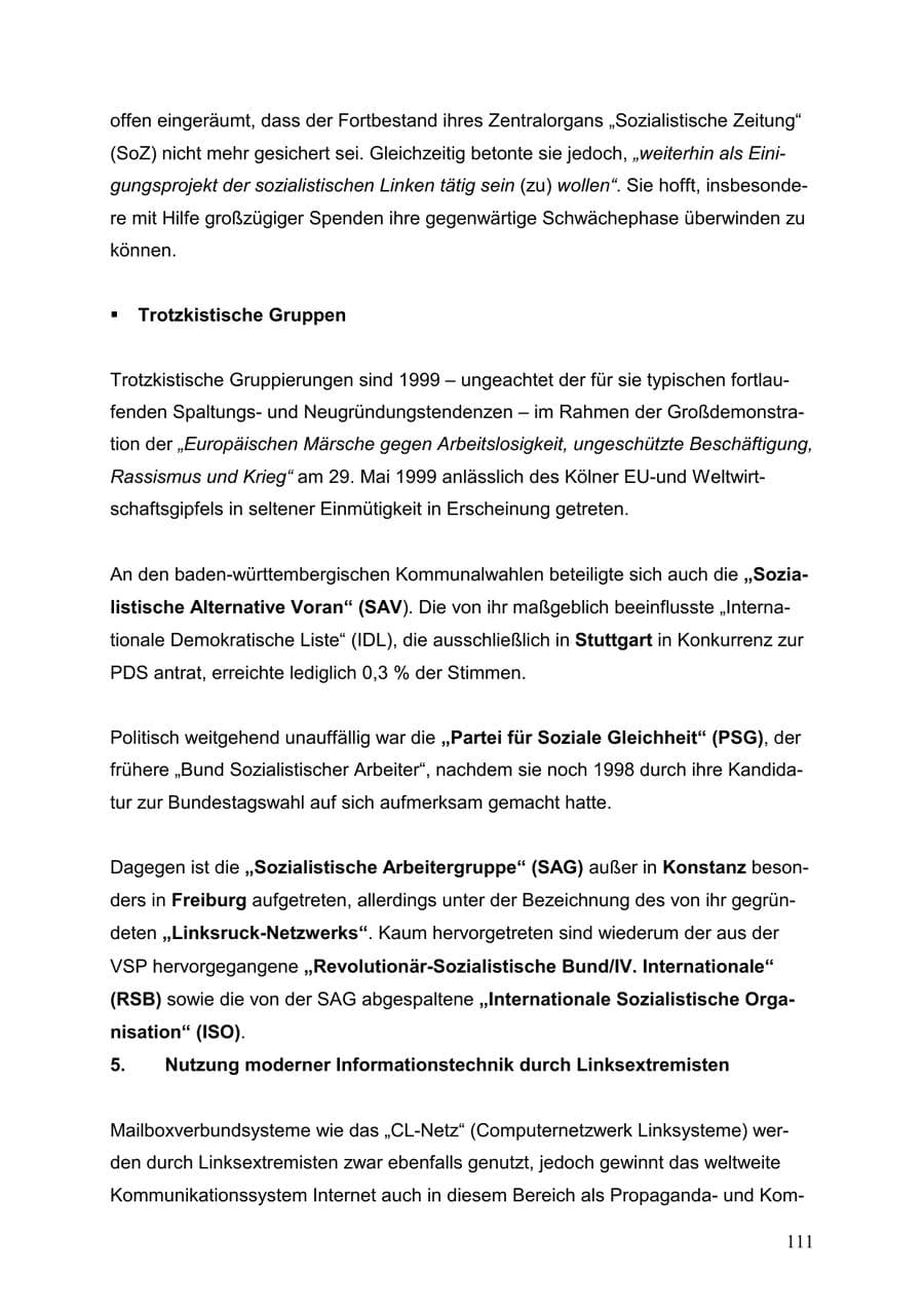 Seite 111 des Verfassungsschutzbericht 1999 Baden-Württemberg
