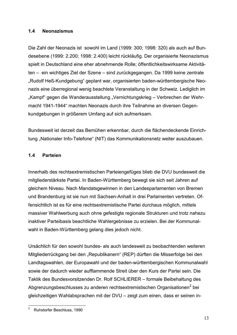 Seite 13 des Verfassungsschutzbericht 1999 Baden-Württemberg