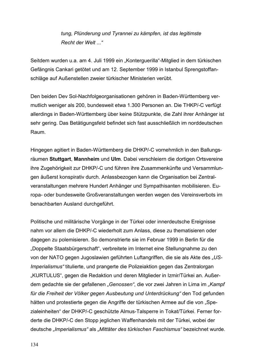 Seite 134 des Verfassungsschutzbericht 1999 Baden-Württemberg