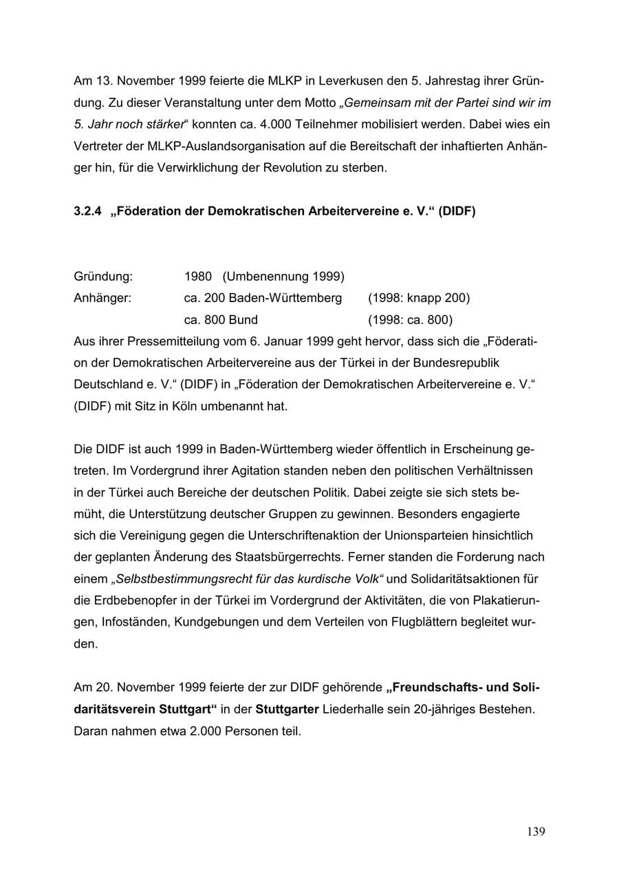Seite 139 des Verfassungsschutzbericht 1999 Baden-Württemberg