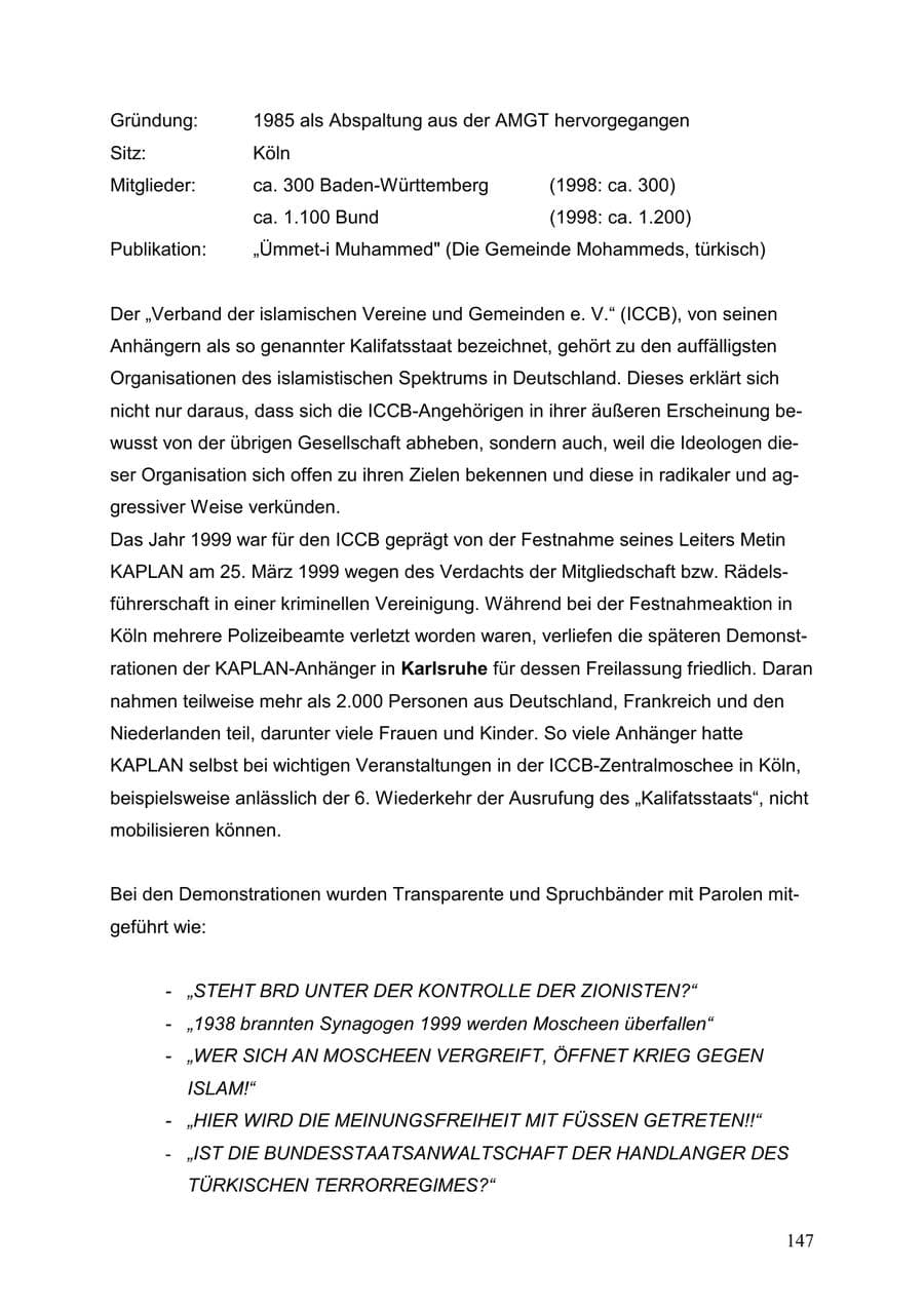 Seite 147 des Verfassungsschutzbericht 1999 Baden-Württemberg