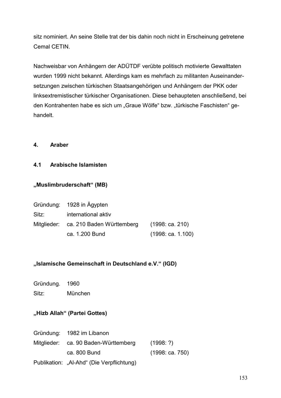 Seite 153 des Verfassungsschutzbericht 1999 Baden-Württemberg