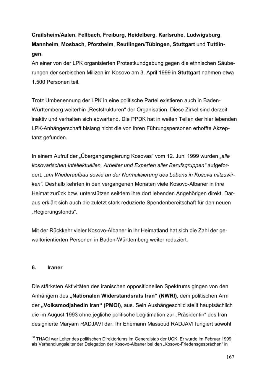 Seite 167 des Verfassungsschutzbericht 1999 Baden-Württemberg
