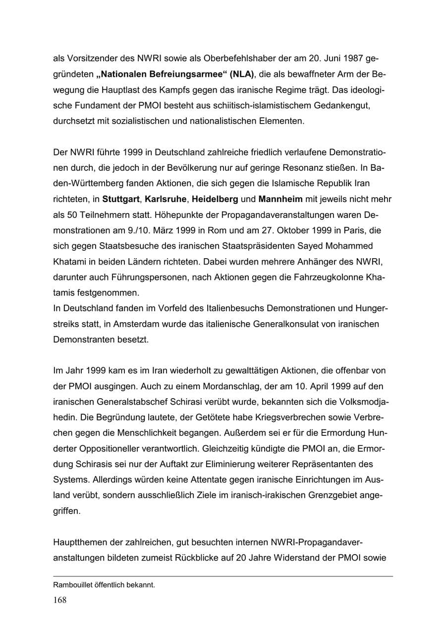 Seite 168 des Verfassungsschutzbericht 1999 Baden-Württemberg